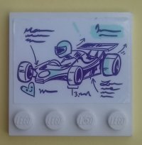 LEGO part Tile, Modified 4 x 4 with Studs on Edge with Dark Purple and Light Aqua Go-Kart, Driver, Writing Scribble and Heart Pattern (Sticker) - Set 41351 6179pb193