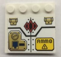 LEGO part Tile, Modified 4 x 4 with Studs on Edge with Keypad, 'AMMO', Red Diamonds and Rivets Pattern (Sticker) - Set 70595 6179pb195