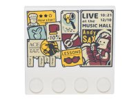 LEGO part Tile, Modified 4 x 4 with Studs on Edge with Bulletin Board with Posters, Advertisements with Pull Strips, Coupons, 'Andy Sax', 'Lessons', 'Ace' Pattern 6179pb214
