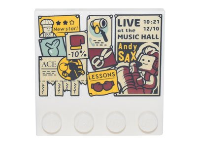 LEGO part Tile, Modified 4 x 4 with Studs on Edge with Bulletin Board with Posters, Advertisements with Pull Strips, Coupons, 'Andy Sax', 'Lessons', 'Ace' Pattern (6179pb214)