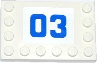 LEGO part Tile, Modified 4 x 6 with Studs on Edges with Blue '03' on White Background Pattern (Sticker) - Set 60043 (6180pb071)