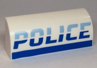 LEGO part Slope, Curved 1 x 4 x 1 1/3 with Bright Light Blue and Blue 'POLICE' Pattern 6191pb023