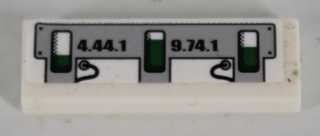 LEGO part Tile 1 x 3 with Black '4.44.1' and '9.74.1' and Green Level Indicators Pattern (Sticker) - Set 8864 (63864pb042L)