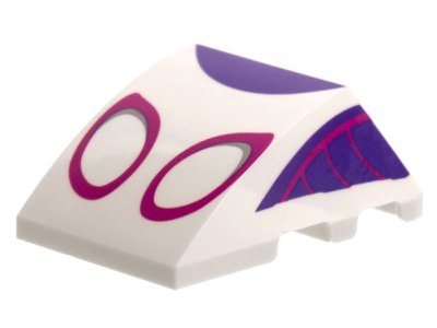LEGO part Wedge 4 x 3 Triple Curved No Studs with Magenta Eye Outlines, Dark Purple Trim Pattern (64225pb050)