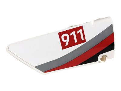 LEGO part Technic, Panel Fairing #17 Large Smooth, Side A with White '911' on Red Rectangle and Gray, Red and Black Curved Stripes Pattern (Sticker) - Set 42096 (64392pb031)