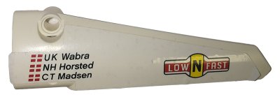 LEGO part Technic, Panel Fairing # 5 Long Smooth, Side A with 'UK Wabra', 'NH Horsted', 'CT Madsen' and 'lowNfast' Pattern (Sticker) - Set 42039 (64681pb036)