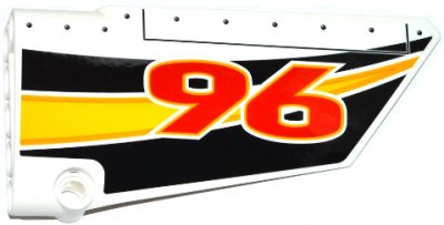 LEGO part Technic, Panel Fairing #18 Large Smooth, Side B with Red '96' and Yellow, Orange and White Stripes on Black Background Pattern (Sticker) - Set 42044 (64682pb016)
