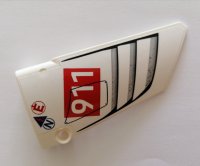 LEGO part Technic, Panel Fairing #18 Large Smooth, Side B with White '911' on Red Rectangle, Vents, Red Letter E, Blue Letter N Pattern (Sticker) - Set 42096 64682pb029