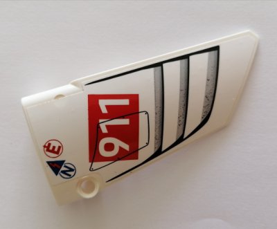 LEGO part Technic, Panel Fairing #18 Large Smooth, Side B with White '911' on Red Rectangle, Vents, Red Letter E, Blue Letter N Pattern (Sticker) - Set 42096 (64682pb029)