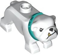 LEGO part Dog, Bulldog with Molded Dark Turquoise Collar and Printed Black Eyes, Eyebrows, Nose and Mouth, and Gold Tooth Pattern (65388pb03)