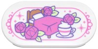 LEGO part Tile, Round 2 x 4 Oval with Dark Pink Bed, Roses, Sparkles and Striped Tea Cup Pattern 66857pb057
