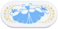 LEGO part Tile, Round 2 x 4 Oval with Medium Blue Ball Gown, Birds, and Ribbons, Gold Border and Sparkles Pattern 66857pb058