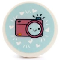 LEGO part Tile, Round 3 x 3 with Dark Pink Camera with Face and Hearts on Light Aqua Background Pattern (Sticker) - Set 41450 67095pb043
