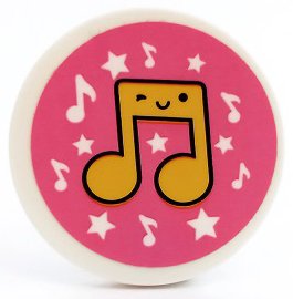 LEGO part Tile, Round 3 x 3 with Yellow Music Notes with Face and Stars on Dark Pink Background Pattern (Sticker) - Set 41450 (67095pb044)