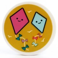 LEGO part Tile, Round 3 x 3 with Dark Pink and Light Aqua Diamond Shaped Kites with Faces on Yellow Background Pattern (Sticker) - Set 41450 67095pb045