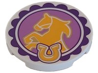 LEGO part Tile, Round 3 x 3 with Bright Light Orange Horse and Horseshoe on Medium Lavender Circle Background with Dark Purple Scalloped Edge Pattern 67095pb054