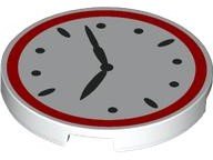 LEGO part Tile, Round 3 x 3 with Clock Face with Red Border and Black Hands Pattern (67095pb072)