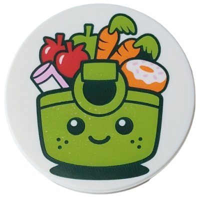 LEGO part Tile, Round 3 x 3 with Lime Shopping Basket with Black Eyes, Mouth and Freckles, Apple, Bright Pink Bottle, Red Strawberries, Orange Carrots and Donut with White Frosting Pattern (67095pb123)