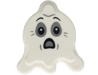 LEGO part Tile, Round 2 x 2 Splat with Side Extensions with Ghost Face with Dark Bluish Gray and Light Bluish Gray Eyes and Scared Open Mouth Pattern (BAM) 80677pb02