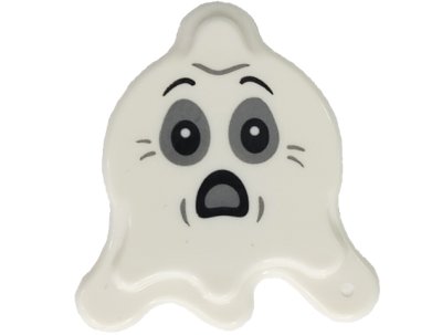 LEGO part Tile, Round 2 x 2 Splat with Side Extensions with Ghost Face with Dark Bluish Gray and Light Bluish Gray Eyes and Scared Open Mouth Pattern (BAM) (80677pb02)