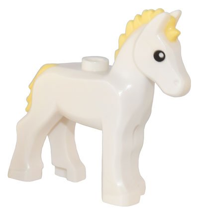 LEGO part Horse, Foal with Stud on Back with Molded Bright Light Yellow Mane and Tail and Printed Black Eyes Pattern (82445pb02)