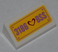 LEGO part Slope 30 1 x 2 x 2/3 with Dark Red Heart and '3186 BSS' Pattern (Sticker) - Set 3186 85984pb028