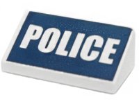 LEGO part Slope 30 1 x 2 x 2/3 with White 'POLICE' on Dark Blue Background Pattern 85984pb070