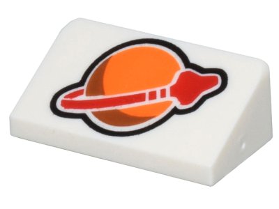 LEGO part Slope 30 1 x 2 x 2/3 with Orange and Red Classic Space Logo Pattern (85984pb374)