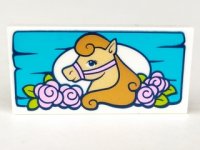 LEGO part Tile 2 x 4 with Tan Horse and Pink Flowers on Medium Azure Board Pattern 87079pb0301