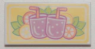 LEGO part Tile 2 x 4 with Magenta Drinks with Straws and Citrus Fruits on Yellow Background Pattern (87079pb0399)