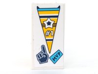 LEGO part Tile 2 x 4 with Yellow Pennant with Star and '#1', Dark Blue 'MVP' and Pointing Finger Hand Pattern (Sticker) - Set 41328 87079pb0816