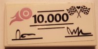 LEGO part Tile 2 x 4 with Metallic Pink Flaming Wheel, Black '10.000', Lines, Signatures, Checkered Flags, and Heart Pattern (Sticker) - Set 41352 87079pb0999