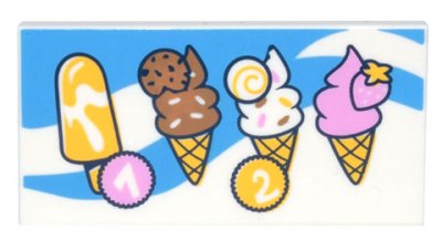 LEGO part Tile 2 x 4 with Menu with Popsicle, 3 Ice Cream Cones, and Circles with Numbers 1 and 2 on Dark Azure Background with Swirls Pattern (87079pb1161)