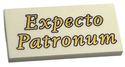 LEGO part Tile 2 x 4 with Gold 'Expecto Patronum' Pattern (87079pb1279)