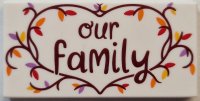 LEGO part Tile 2 x 4 with Reddish Brown 'our family' in Heart Shaped Branch with Red, Orange, Yellow and Medium Lavender Leaves Pattern 87079pb1371