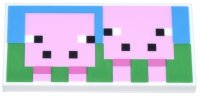 LEGO part Tile 2 x 4 with Pixelated Bright Pink Minecraft Pig and Baby Pig on Green Grass and Dark Azure Sky Background Pattern 87079pb1490