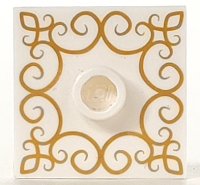 LEGO part Plate, Modified 2 x 2 with Groove and 1 Stud in Center with Gold Filigree Pattern 87580pb002