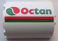 LEGO part Cylinder Half 3 x 6 x 6 with 1 x 2 Cutout with Red and Green Stripes and Octan Logo Pattern Model Left Side (Sticker) - Set 7939 87926pb002L