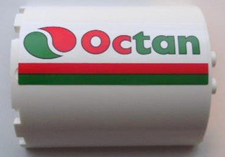 LEGO part Cylinder Half 3 x 6 x 6 with 1 x 2 Cutout with Red and Green Stripes and Octan Logo Pattern Model Left Side (Sticker) - Set 7939 (87926pb002L)