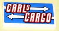 LEGO part Slope, Curved 2 x 4 x 2/3 with Bottom Tubes with 'CARLS CARGO' and White Arrows Pattern (Sticker) - Set 8198 88930pb018