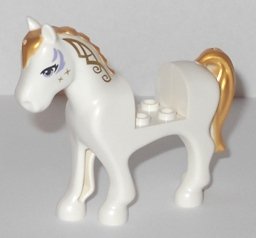 LEGO part Horse with 2 x 2 Cutout with Lavender Eyes and Face Decoration, Gold Mane and Tail Pattern (93083c01pb08)