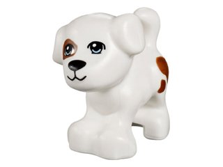 LEGO part Dog, Friends, Puppy, Standing with Bright Light Blue Eyes, Black Nose and Mouth, Reddish Brown Patch and Spots Pattern (Charlie / Jacky) (93088pb01)