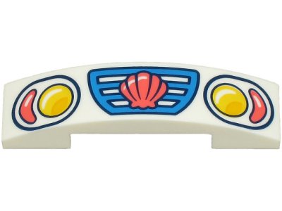 LEGO part Slope, Curved 4 x 1 x 2/3 Double with Dark Azure Car Front Grille with Coral Clam Shell and Yellow and Bright Light Orange Headlights Pattern (93273pb200)