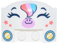 LEGO part Wedge 3 x 4 x 2/3 Triple Curved with Unicorn Face with Medium Azure, Bright Pink and Coral Hair and Nose, Dark Blue Eyes and Yellow Headlights Pattern 93604pb025