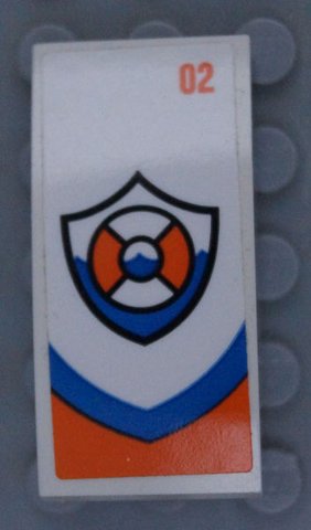 LEGO part Slope, Curved 4 x 2 with Coast Guard Logo and Number '02' Pattern on White Background (Sticker) - Set 60164 (93606pb106)