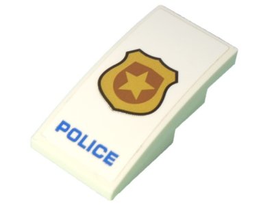 LEGO part Slope, Curved 4 x 2 with Black Outlined Gold Badge  and Blue 'POLICE' Pattern (Sticker) - Set 60239 (93606pb108)