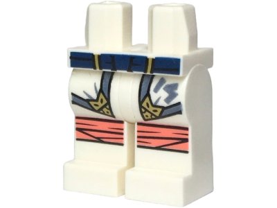 LEGO part Hips and Legs with Dark Blue Belt, Robe Ends with Sand Blue Hems and Gold Highlights, Ninjago Logogram Letter S, Coral Knee Wrappings Pattern (970c00pb1649)
