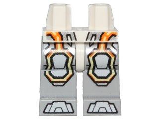 LEGO part Hips and Light Bluish Gray Legs with Gray Armor and Orange and Yellow Circuitry, Gray Hexagonal Knee Pads and Gray Boots Pattern (970c86pb27)