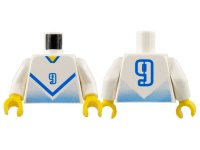 LEGO part Torso Soccer Blue Chevron, Number 9, and Yellow Neck Pattern / White Arms / Yellow Hands 973pb0172c01