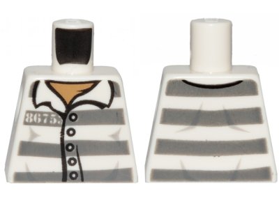 LEGO part Torso Town Prisoner Number 86753, Dark Bluish Gray Stripes, Buttons, Dark Tan Undershirt Pattern (973pb1557)